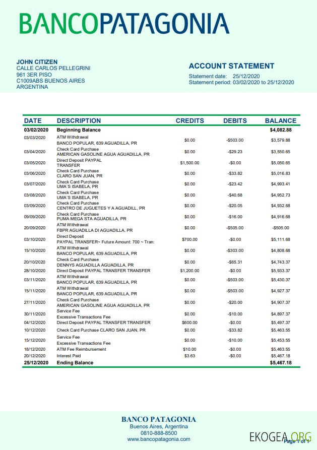 Relevé bancaire Argentine Banco Patagonia